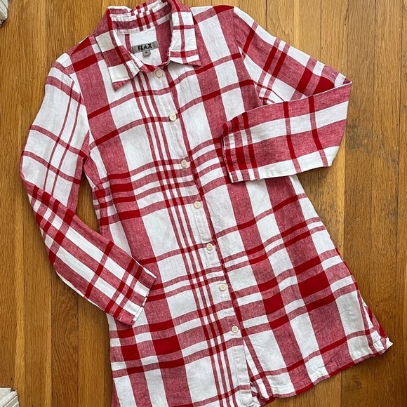 Flax Dresses & Skirts - FLAX 100% Linen Red & White Checkered Shirtdress Full Button Front Dress Size P